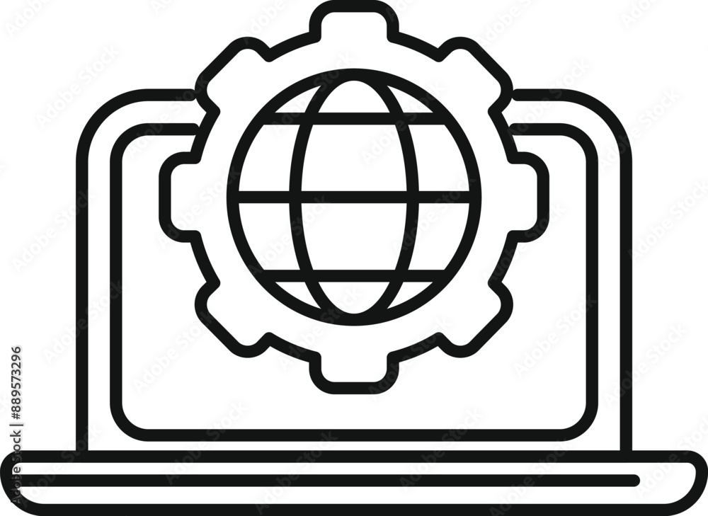 Poster line art style icon of a laptop showing global development with a gear icon over transparent backgro