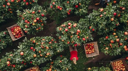 Drone Capture of Harvest Season: Workers Picking Apples in Orchards, Fruit-laden Baskets, Autumn Bounty