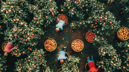 Drone Capture of Harvest Season: Workers Picking Apples in Orchards, Fruit-laden Baskets, Autumn Bounty