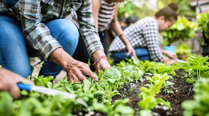 Fototapeta premium Gardeners Tending to Greenery in a Lush Urban Garden