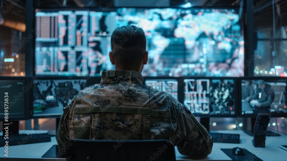 Poster A man in a military uniform is sitting in front of a computer monitor with a map