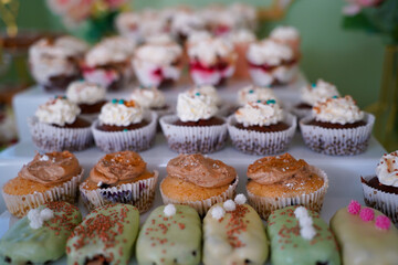 Candy bar at a wedding. Delicious desserts. Beautiful decorations. Fruits. Sweet cakes on your holiday. Birthday. Sweet life. interior photo.