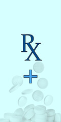 Medical prescription. Abbreviation RX and pills on light blue background