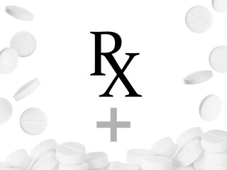 Medical prescription. Abbreviation RX and pills on white background