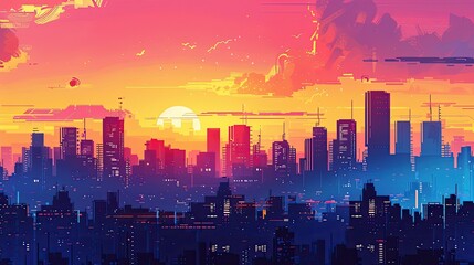 Fototapeta premium A cityscape at sunset, with skyscrapers silhouetted against a vibrant orange and pink sky.