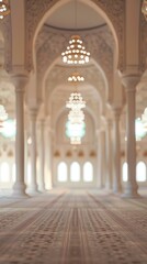 Obraz premium Blurred Muslim mosque interior with no people, classical interior, light colors, background, wallpaper