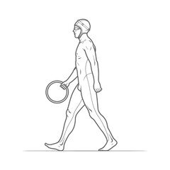 Fototapeta premium man walking with swim ring and swimming cap in minimalist line art icon logo symbol