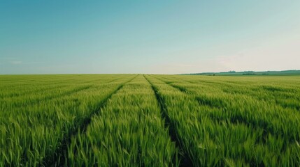 Golden Harvest: Aerial View of Lush Green Wheat Field Ready for Harvest Under Clear Blue Sky, Copy Space