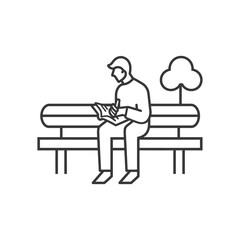 man writing on the book while sitting in minimalist line art icon logo symbol