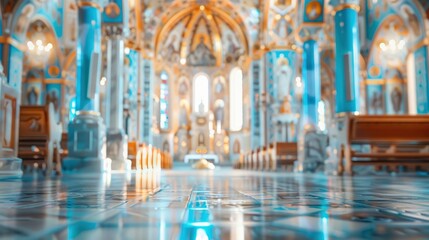 Obraz premium Blurred orthodox church interior with no people, classical interior, light colors, background, wallpaper 