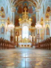 Fototapeta premium Blurred orthodox church interior with no people, classical interior, light colors, background, wallpaper