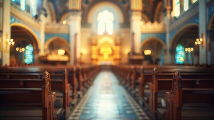 Fototapeta premium Blurred synagogue interior with no people, classical interior, light colors, background, wallpaper