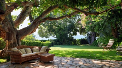 wicker sofa and low table located under the shade of a large tree in a large garden generative ai