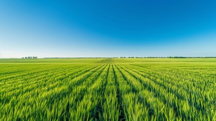 Golden Harvest: Aerial View of Lush Green Wheat Field Ready for Harvest Under Clear Blue Sky, Copy Space