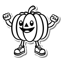 Black line Retro Cartoon Strong Pumpkin on white silhouette and gray shadow. Doodle Style Vector illustration for decorate, coloring and any design.