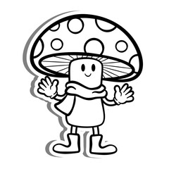 Black line Retro Cartoon Cold Mushroom on white silhouette and gray shadow. Doodle Style Vector illustration for decorate, coloring and any design.
