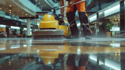 Abstract worker polishing hard floor with high speed polishing machine. Sanding floors, water tiles, polishing, Labor Day, overtime, hard work, stressful life, optimistic life. 4k HD wallpapers, backg