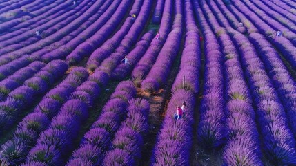 Aromatic Harvest: Aerial View of Lavender Field in Full Bloom with Workers Gathering Lavender Bundles, Copy Space.