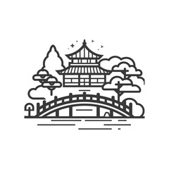 Naklejka premium Serene Asian Temple Landscape: Minimalist Line Art Illustration