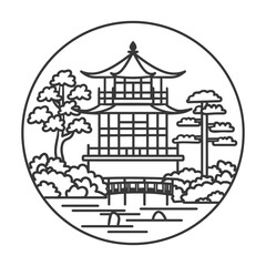 Line Art: Serene Japanese Pagoda in Circular Garden Scene