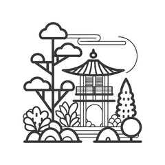 Obraz premium Line Art Japanese Garden Pagoda with Stylized Trees and Clouds