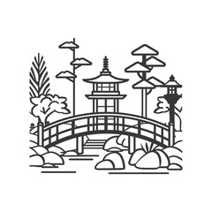 Fototapeta premium Serene Japanese Garden: Line Art Pagoda & Arch Bridge