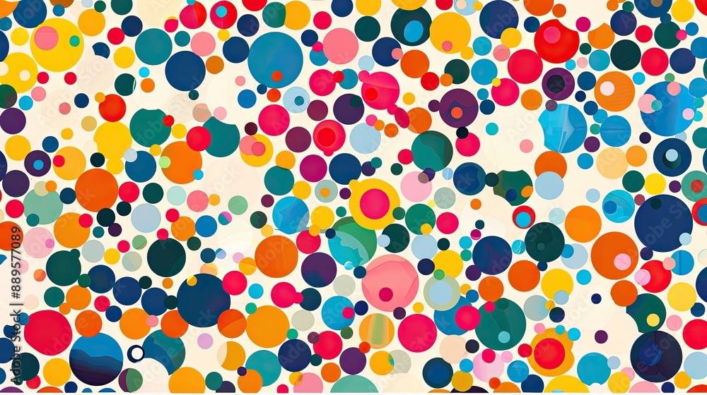Poster a colorful background featuring a pattern of polka dots in various sizes.