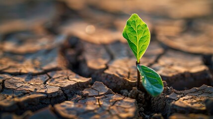 A cracked, dry earth with a single green sprout, symbolizing hope amidst global warming impacts