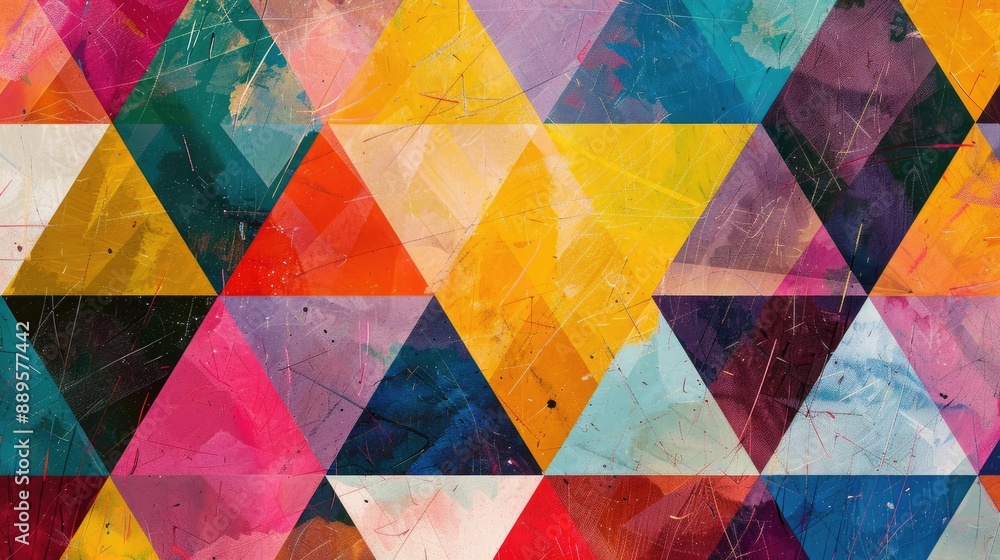 Poster a colorful background with a pattern of playful, overlapping triangles.