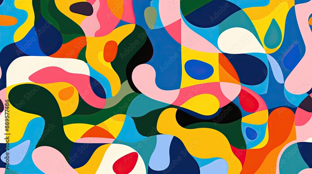 Aufkleber a colorful background with a pattern of whimsical, overlapping shapes.