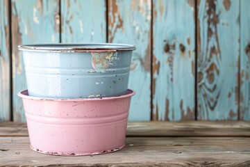 Fototapeta premium Vintage Metal Bucket Filled with Pastel Paint on Rustic Table