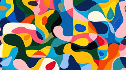 A colorful background with a pattern of whimsical, overlapping shapes.