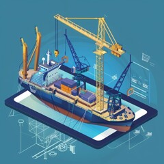 Nautical Blueprint: Cartoon-Style Tablet Lying with Shipbuilding Diagram and Crane Constructor.
