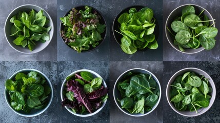 A compilation of 8 images depicting a variety of leafy greens in salads.