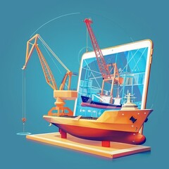 Nautical Blueprint: Cartoon-Style Tablet Lying with Shipbuilding Diagram and Crane Constructor.