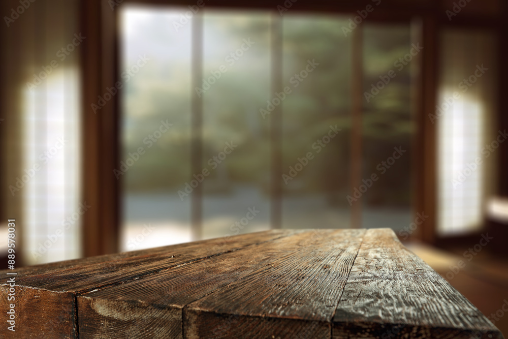 Wall mural empty wooden table background and window with copy space for products. natural window light in home 