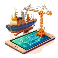 Nautical Blueprint: Cartoon-Style Tablet Lying with Shipbuilding Diagram and Crane Constructor.