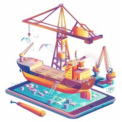Nautical Blueprint: Cartoon-Style Tablet Lying with Shipbuilding Diagram and Crane Constructor.