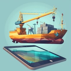 Nautical Blueprint: Cartoon-Style Tablet Lying with Shipbuilding Diagram and Crane Constructor.