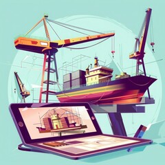 Nautical Blueprint: Cartoon-Style Tablet Lying with Shipbuilding Diagram and Crane Constructor.