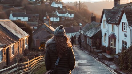Woman Walking Through A Small Village in Winter at Sunset