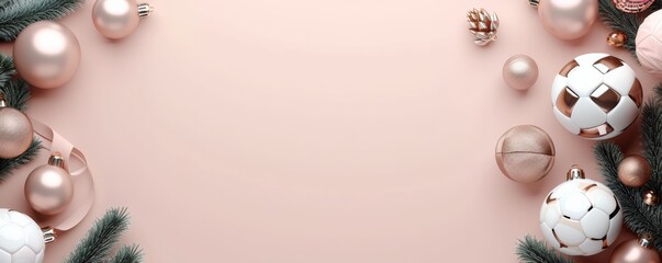 Elegant Christmas background with pink, white ornaments and fir branches on a pastel pink surface. Perfect for holiday greetings and festive designs.