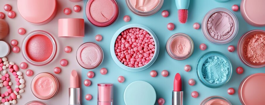 Colorful makeup products arranged neatly. Includes blush, lipstick, eye shadow, and brushes. Perfect for fashion and beauty design projects.