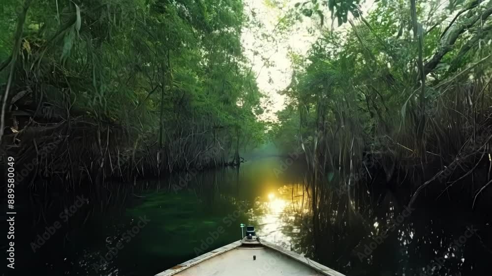 Poster pov shot of a small boat disappearing into the depths of the mangrove labyrinth with only a sliver o