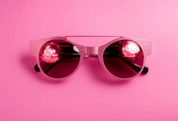 background pink view top disco party ball minimal concept sunglasses entertainment layout idea creative trend hipster festive music holiday celebration abstract