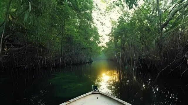 POV shot of a small boat disappearing into the depths of the mangrove labyrinth with only a sliver of light guiding the way.