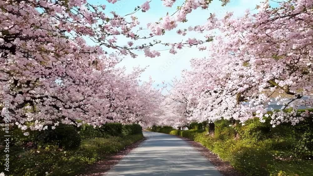 Poster a slow tracking shot of a path lined with flowering cherry trees creating a mesmerizing sea of color
