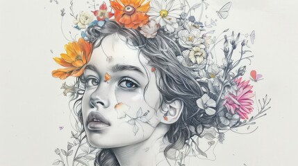 A drawing of a woman with flowers in her hair, symbolizing beauty and grace.
