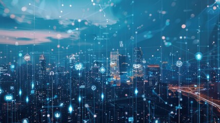 Fototapeta premium Smart City Network: A Digital Skyline at Dusk