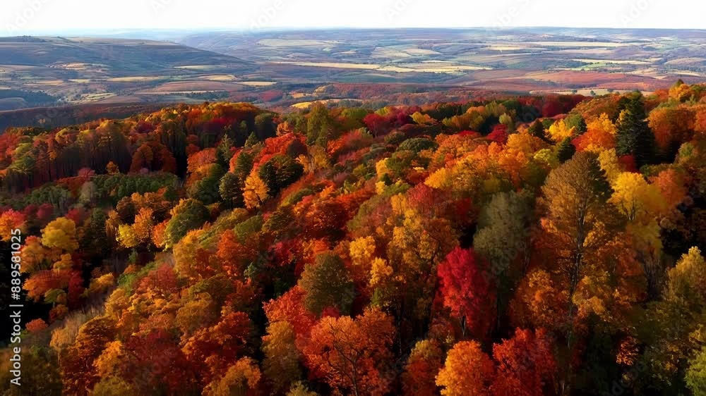 Poster flying over a vast expanse of rolling hills each one adorned with a different autumn color palette.